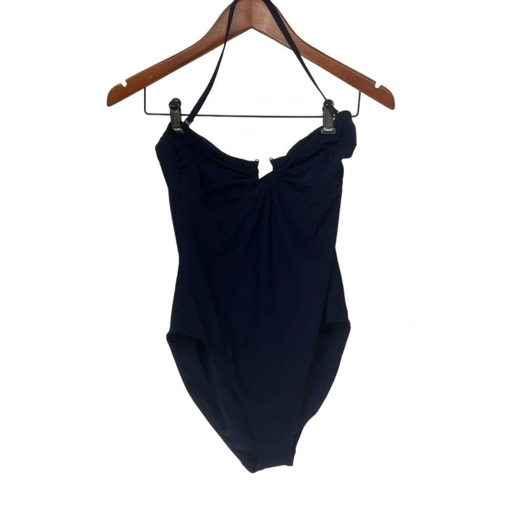 Tory Burch Solid Bandeau‎ Navy Blue U Ring One Piece Swimsuit Size L New